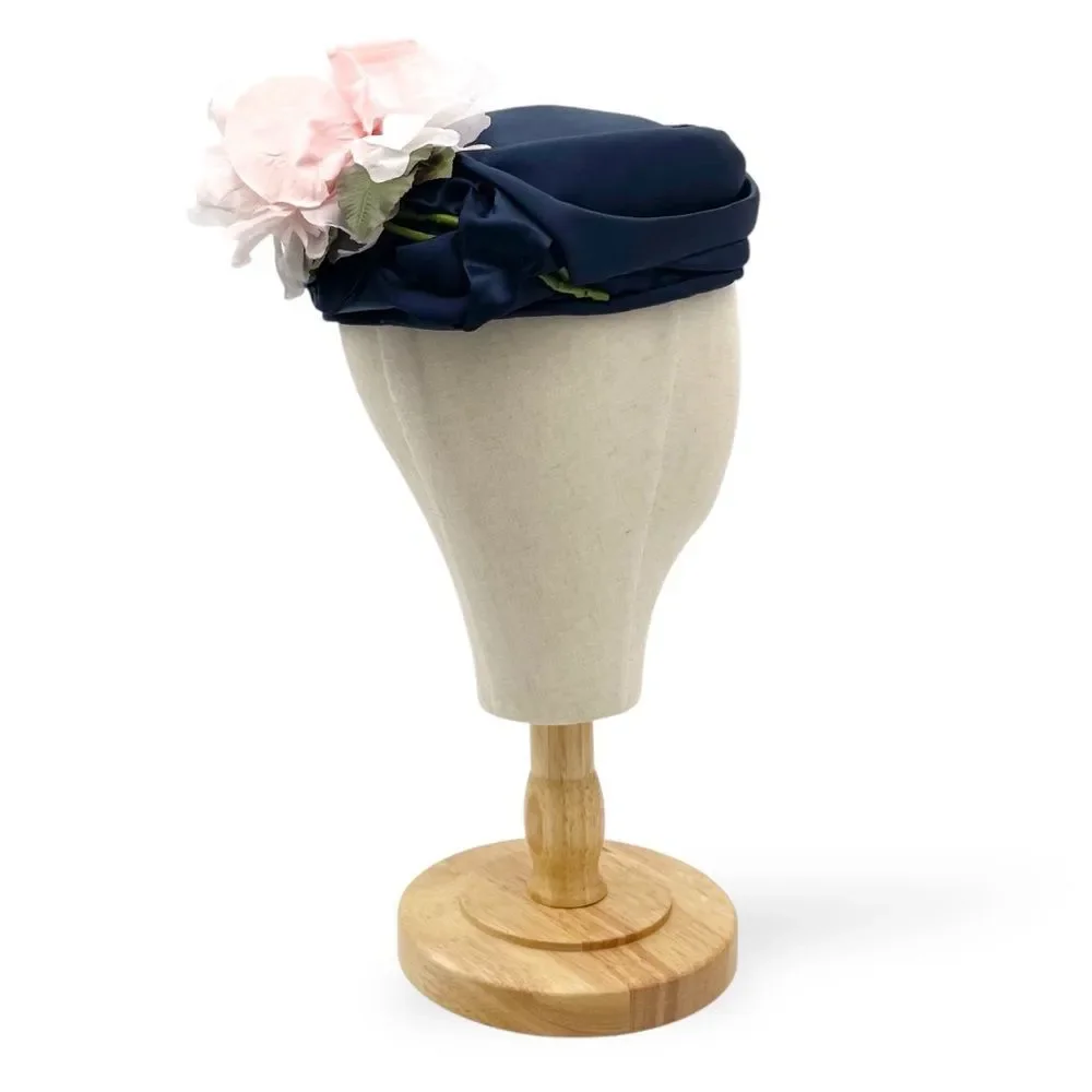 Vintage 1950s Navy Blue Hat Pink Flower Trim Size 22 1/2 Pillbox Fascinator - Picture 9 of 15